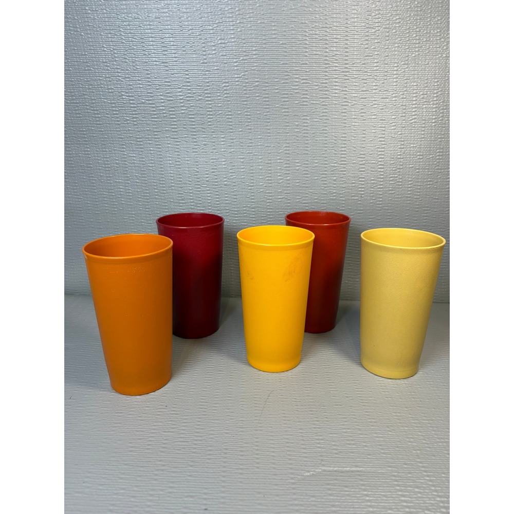Vintage Tupperware 12 oz Tumblers Set of 5 Harvest Colors Red Orange Yellow